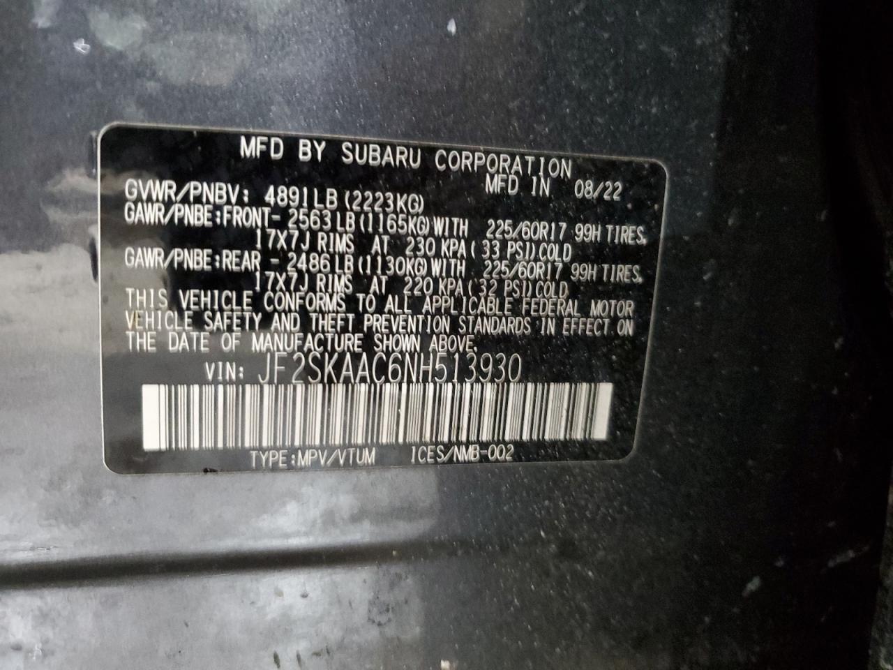 2022 SUBARU FORESTER VIN:JF2SKAAC6NH513930