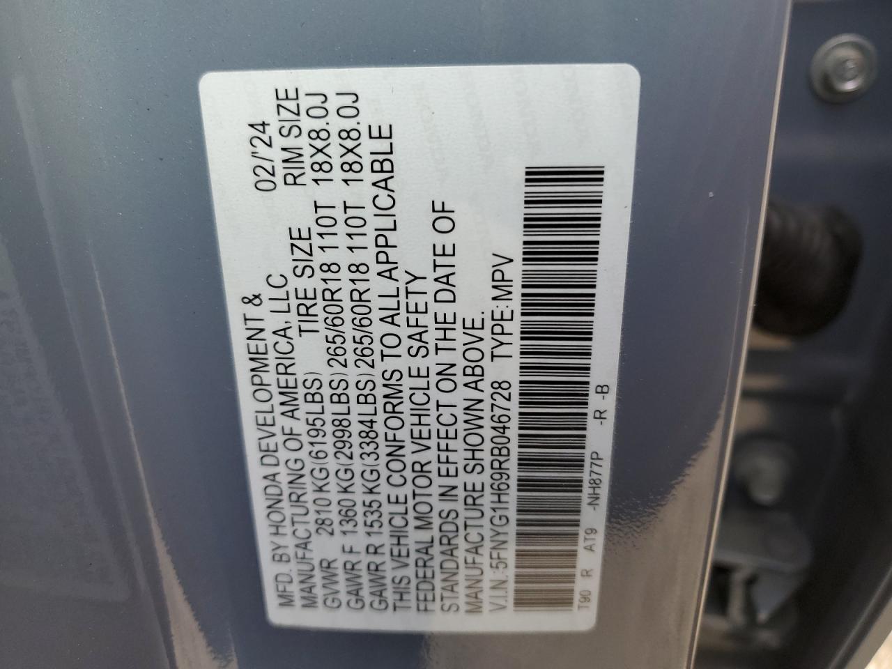 2024 HONDA PILOT TRAILSPORT VIN:5FNYG1H69RB046728