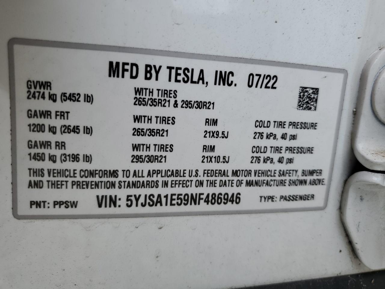 2022 TESLA MODEL S VIN:5YJSA1E59NF486946