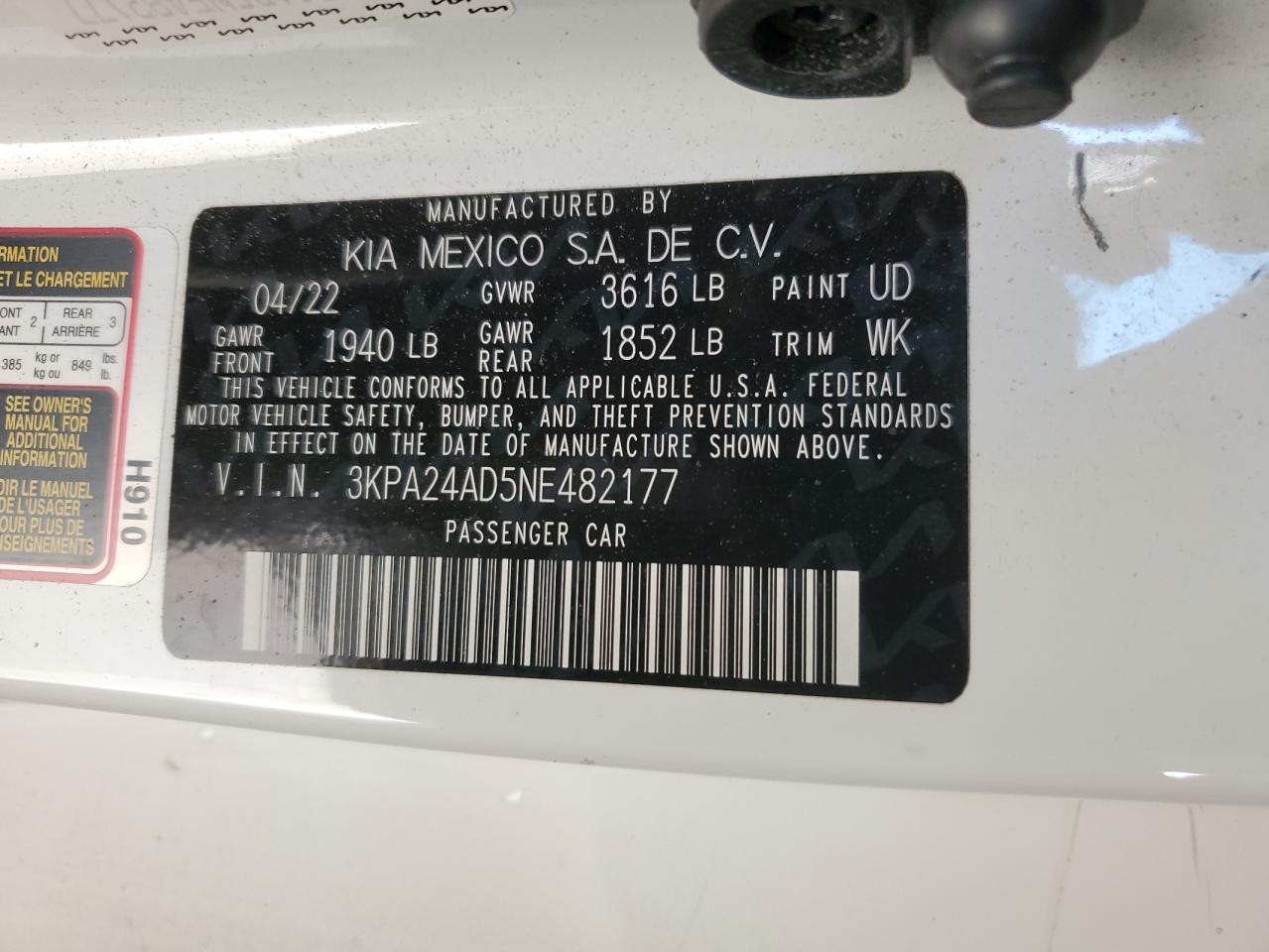 2022 KIA RIO LX VIN:3KPA24AD5NE482177