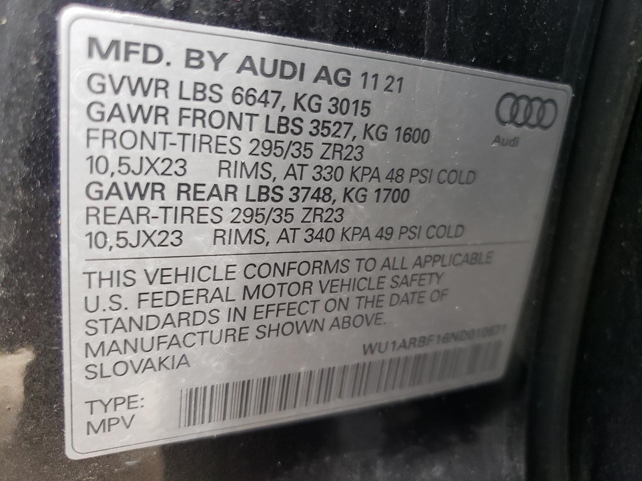 2022 AUDI RS Q8 VIN:WU1ARBF16ND010671