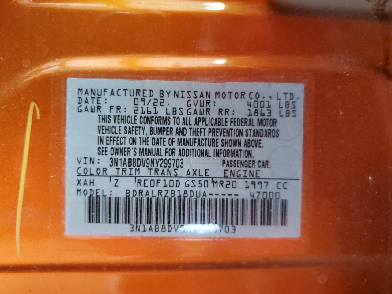 2022 NISSAN SENTRA SR VIN:3N1AB8DV9NY299703