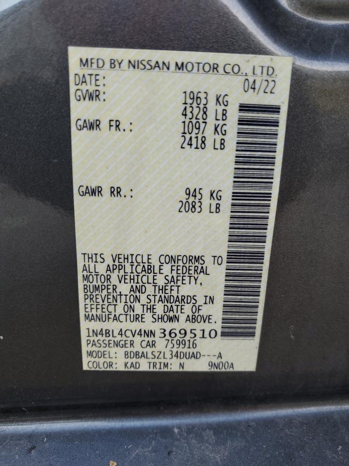 2022 NISSAN ALTIMA SR VIN:1N4BL4CV4NN369510
