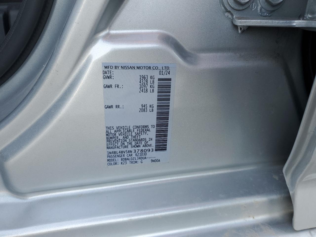2024 NISSAN ALTIMA S VIN:1N4BL4BV5RN378093