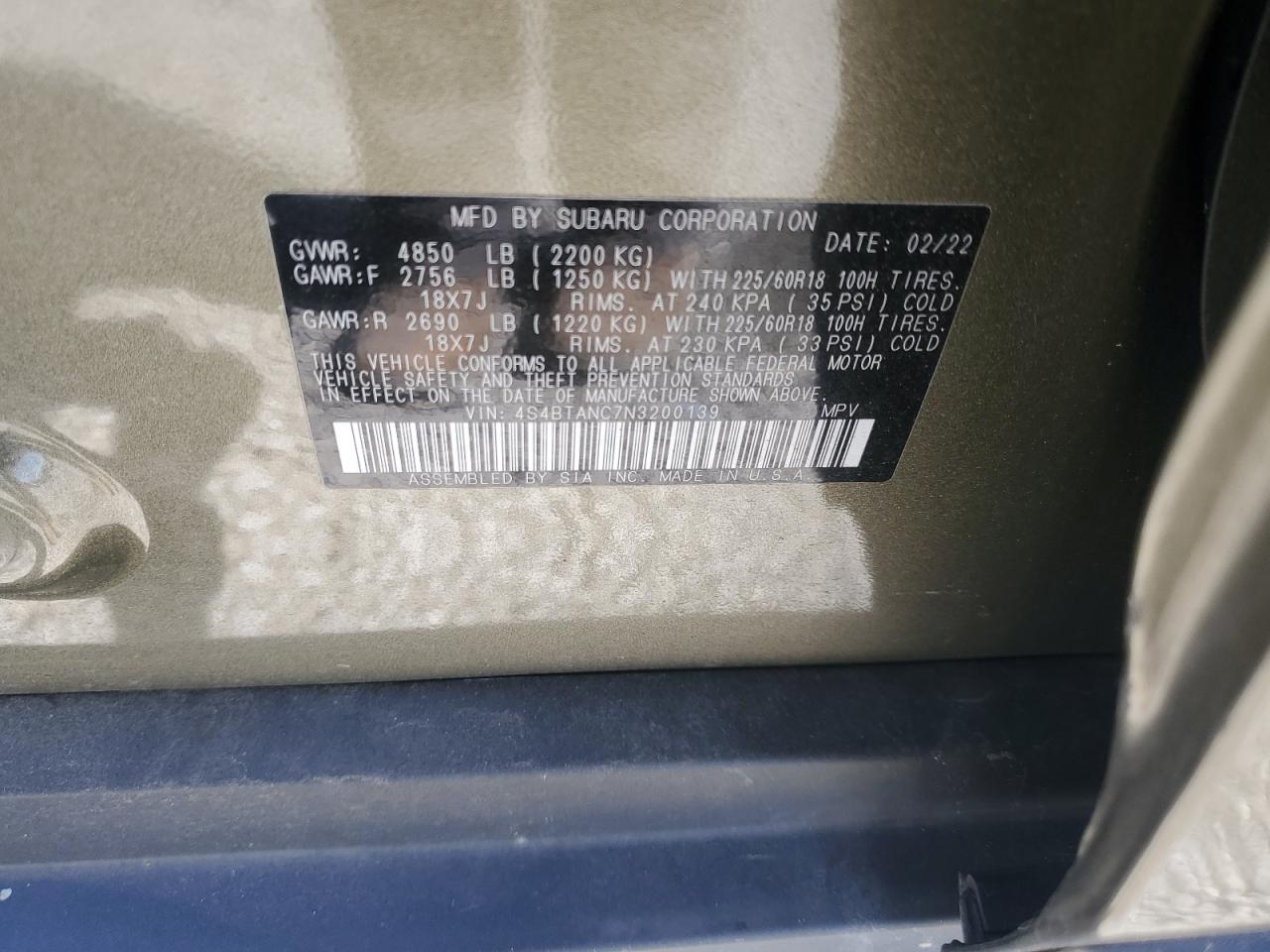 2022 SUBARU OUTBACK LIMITED VIN:4S4BTANC7N3200139