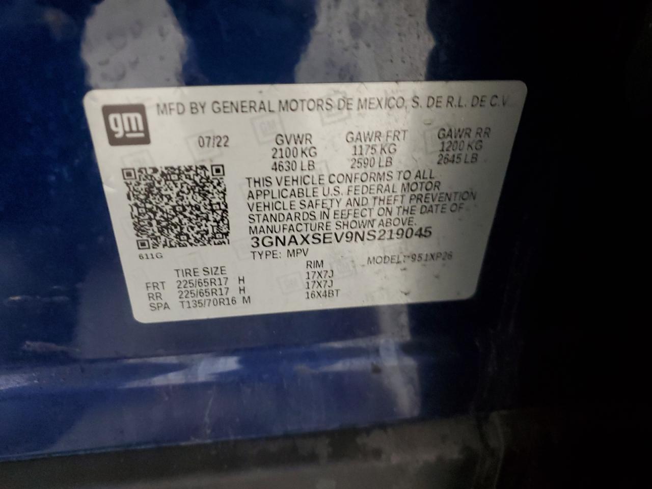 2022 CHEVROLET EQUINOX LS VIN:3GNAXSEV9NS219045