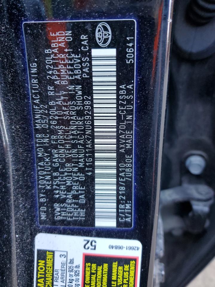 2022 TOYOTA CAMRY SE VIN:4T1G11AK7NU692982