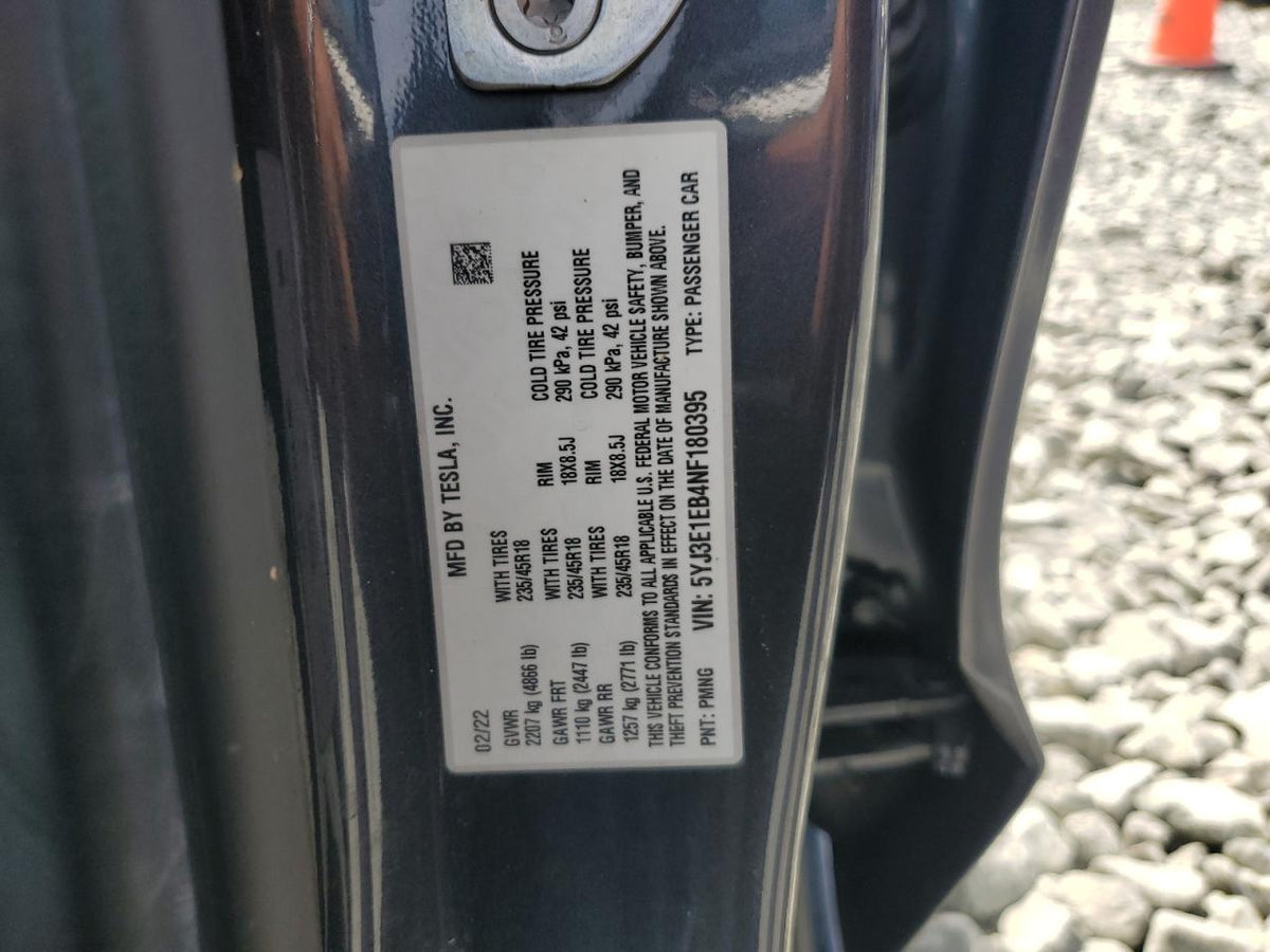 2022 TESLA MODEL 3 VIN:5YJ3E1EB4NF180395