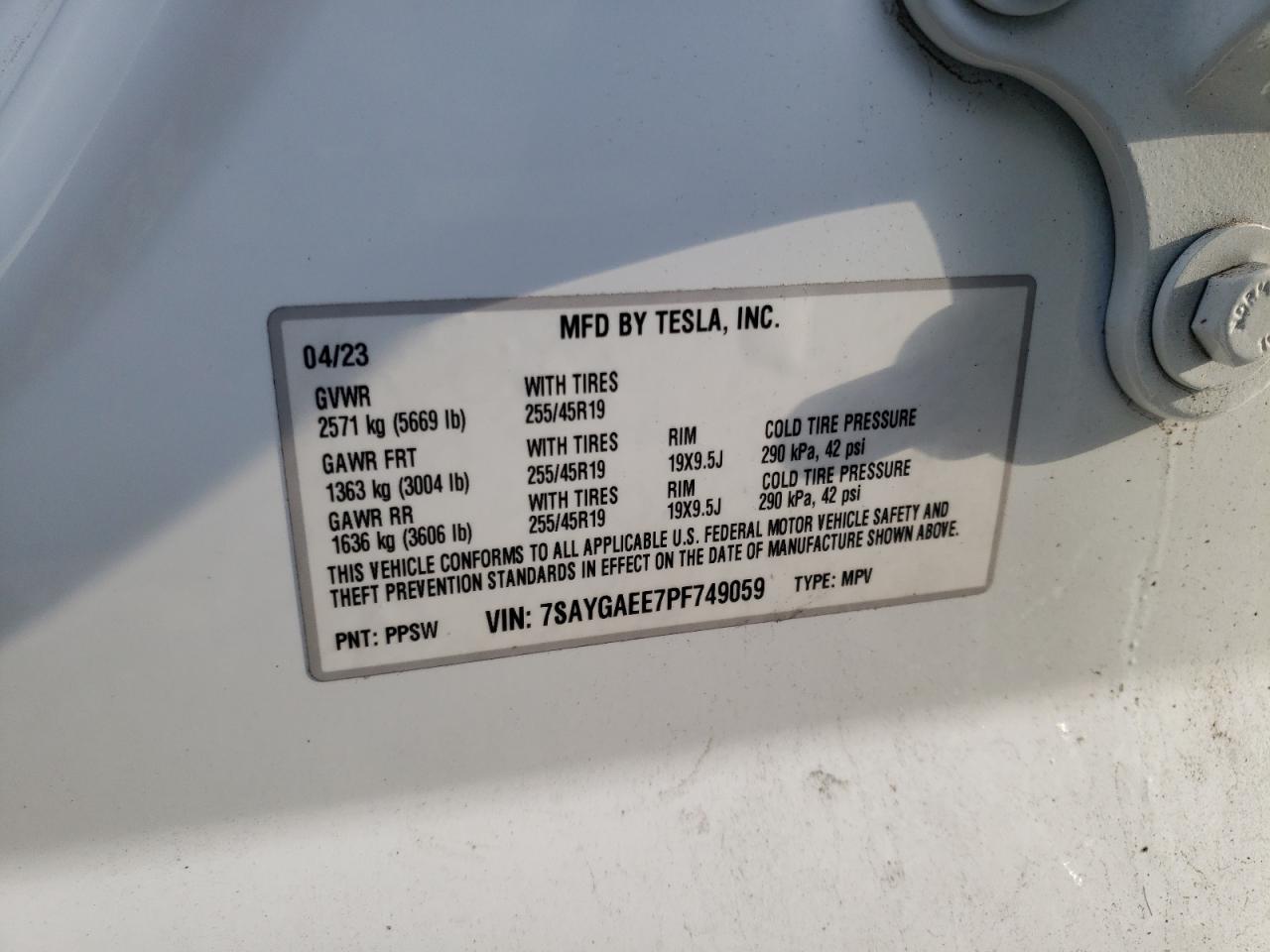 2023 TESLA MODEL Y VIN:7SAYGAEE7PF749059