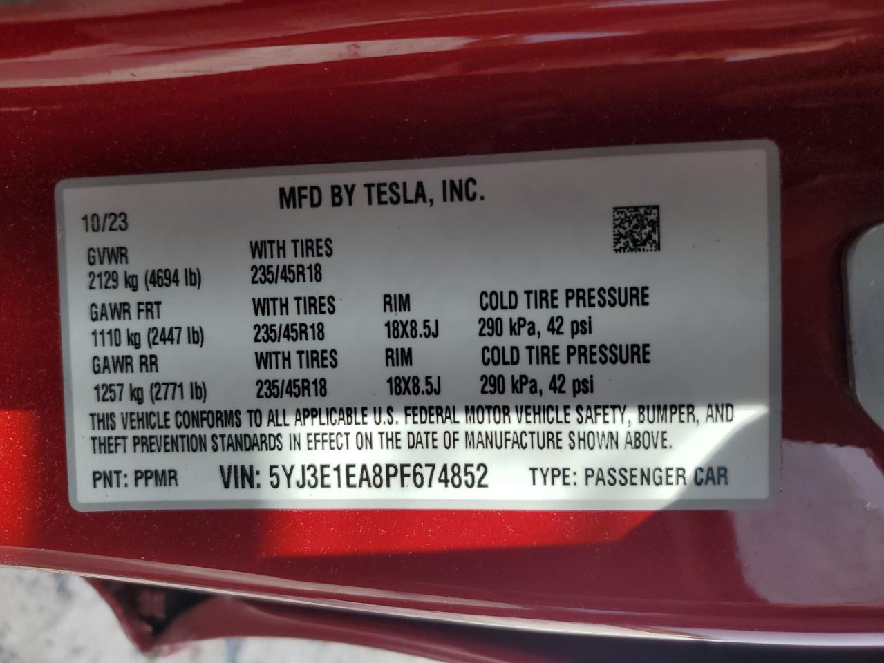 2023 TESLA MODEL 3 VIN:5YJ3E1EA8PF674852