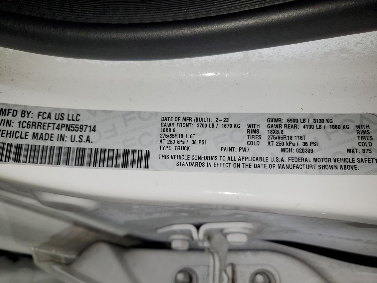 2023 RAM 1500 BIG HORN/LONE STAR VIN:1C6RREFT4PN559714