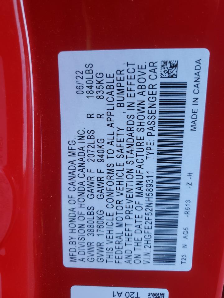 2022 HONDA CIVIC SPORT VIN:2HGFE2F52NH589311
