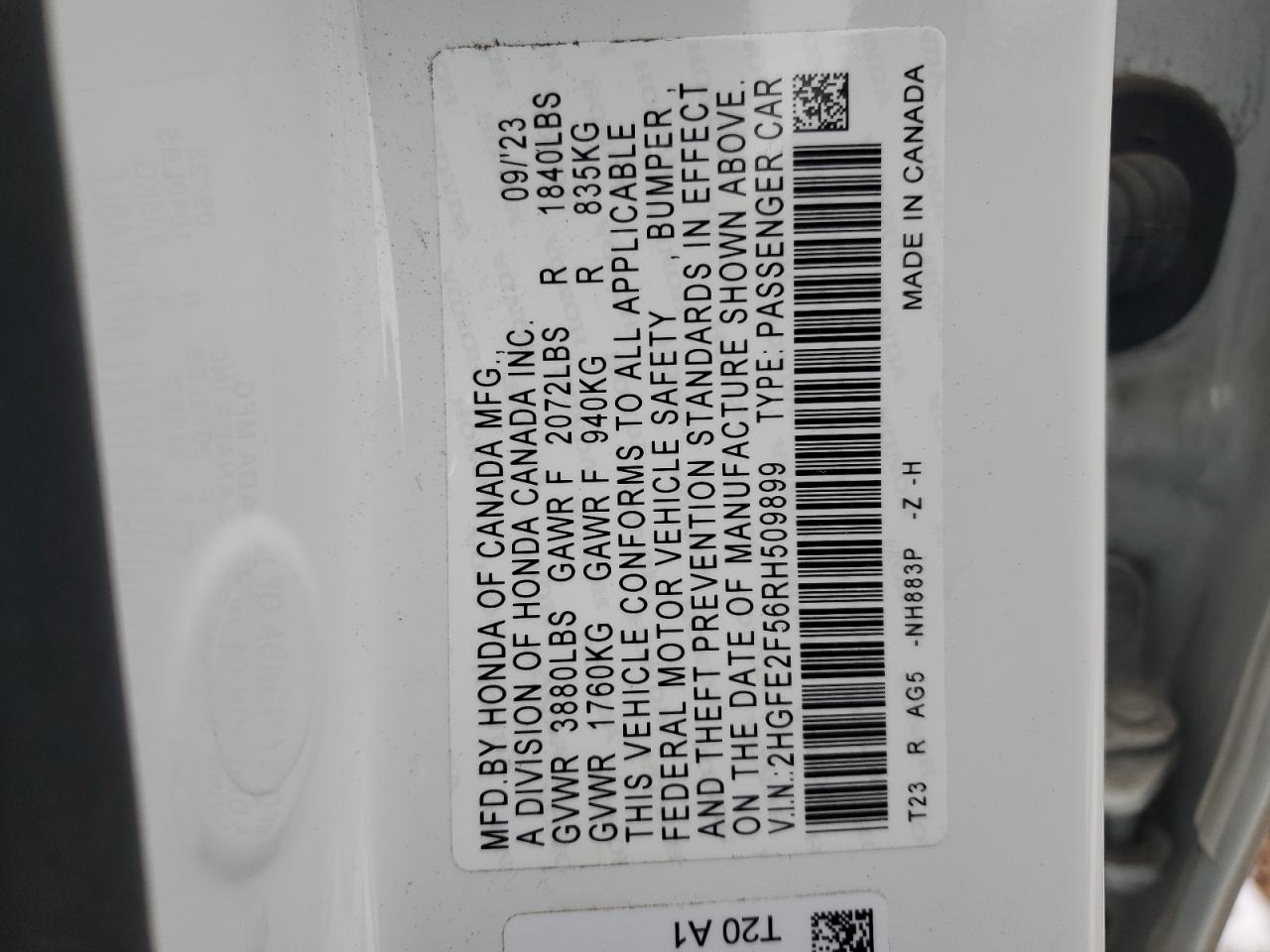 2024 HONDA CIVIC SPORT VIN:2HGFE2F56RH509899