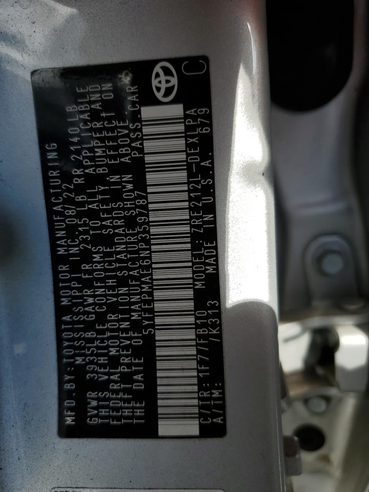 2022 TOYOTA COROLLA LE VIN:5YFEPMAE6NP359787