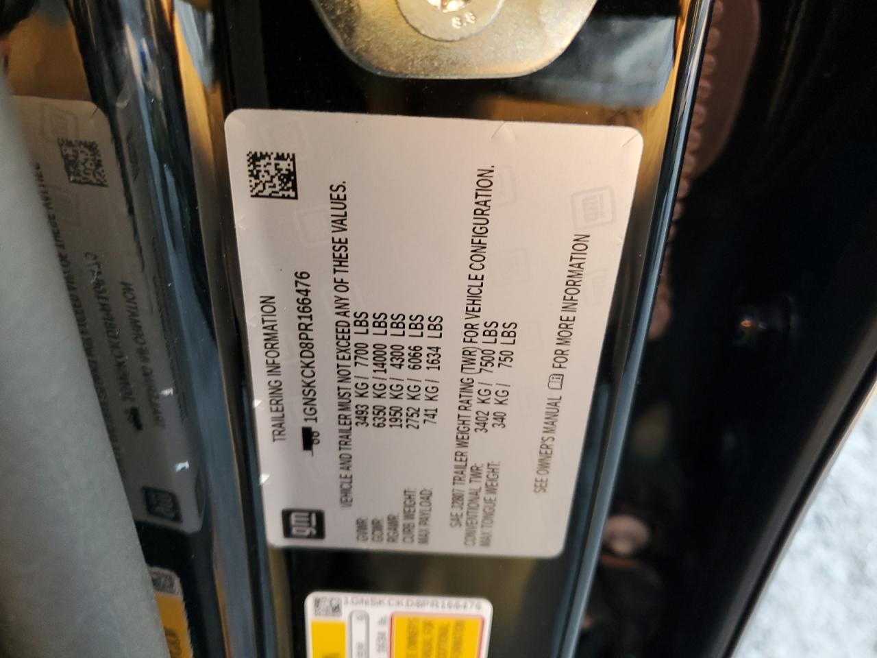 2023 CHEVROLET SUBURBAN K1500 LT VIN:1GNSKCKD8PR166476