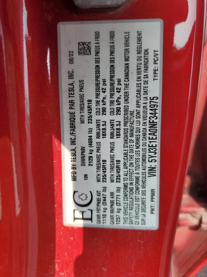 2022 TESLA MODEL 3 VIN:5YJ3E1EA0NF344975