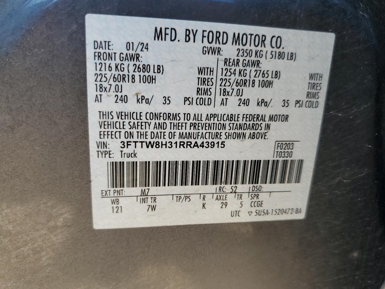 2024 FORD MAVERICK XLT VIN:3FTTW8H31RRA43915