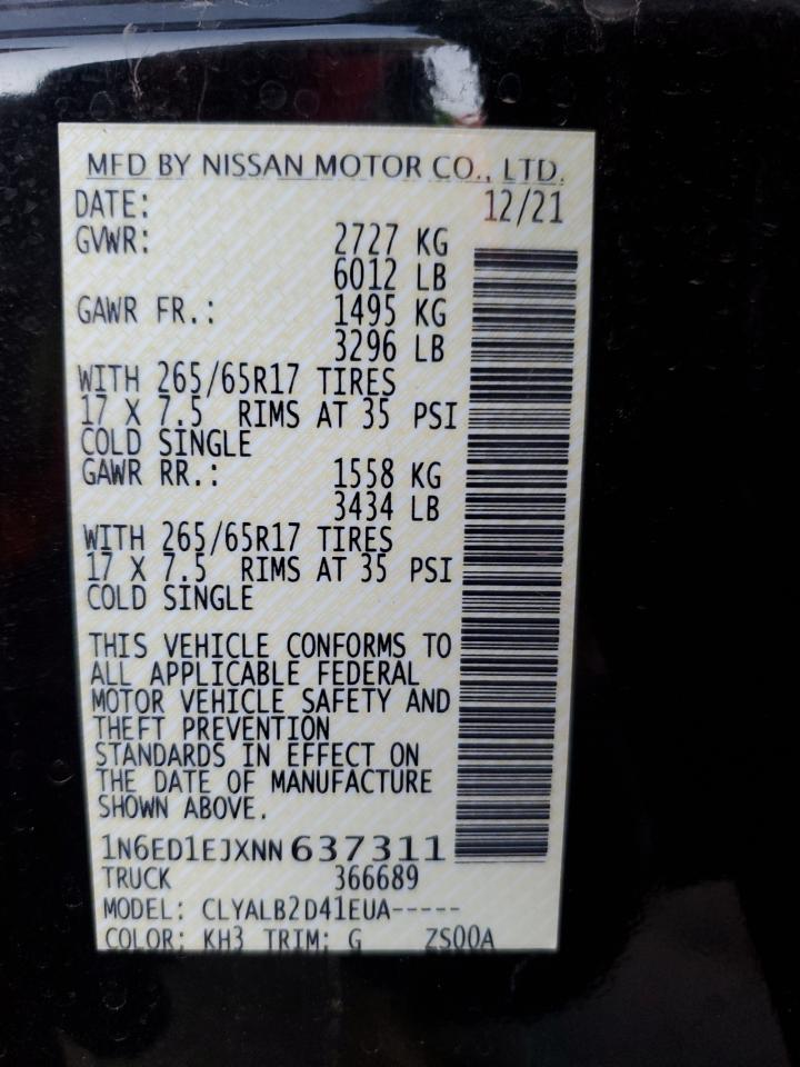 2022 NISSAN FRONTIER S VIN:1N6ED1EJXNN637311