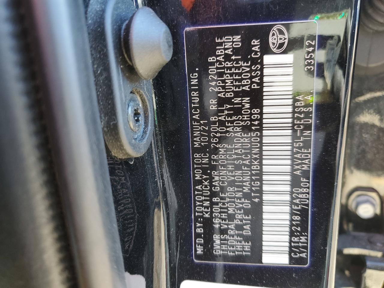 2022 TOYOTA CAMRY SE VIN:4T1G11BKXNU051498