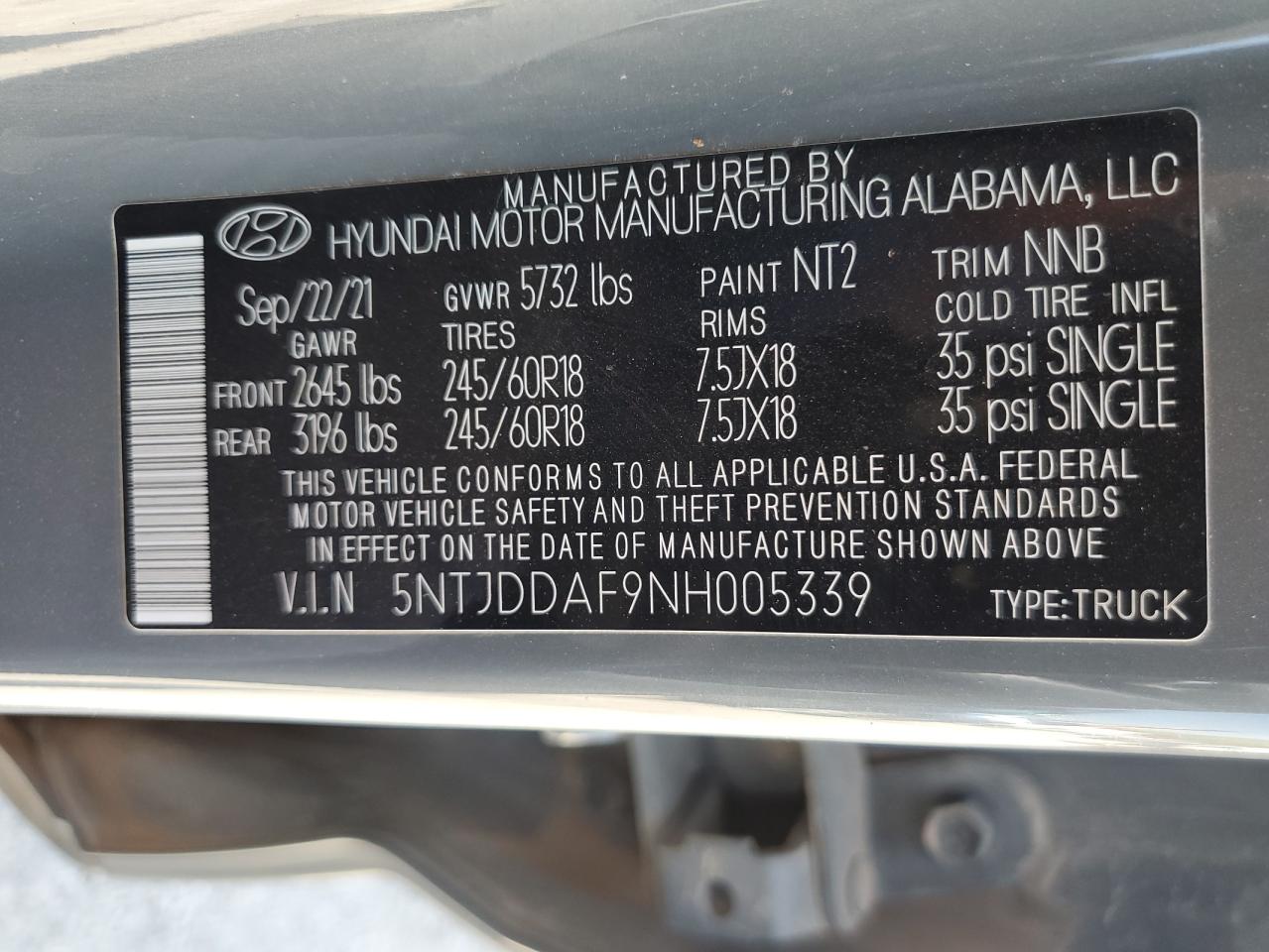 2022 HYUNDAI SANTA CRUZ SEL PREMIUM VIN:5NTJDDAF9NH005339