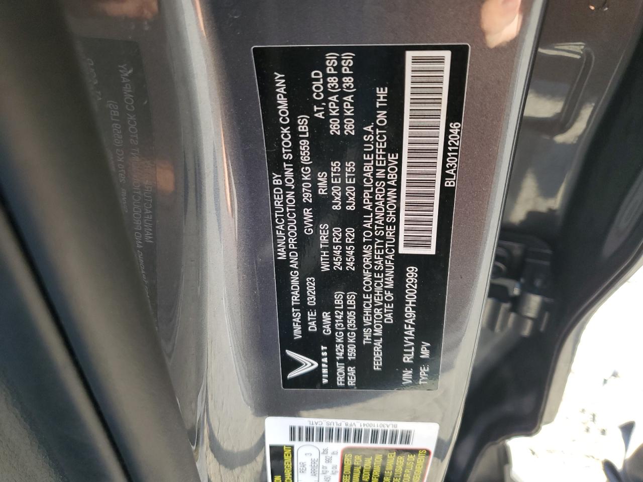 2023 VINFAST TRADING AND PRODUCTION LLC VF 8 PLUS VIN:RLLV1AFA9PH002999