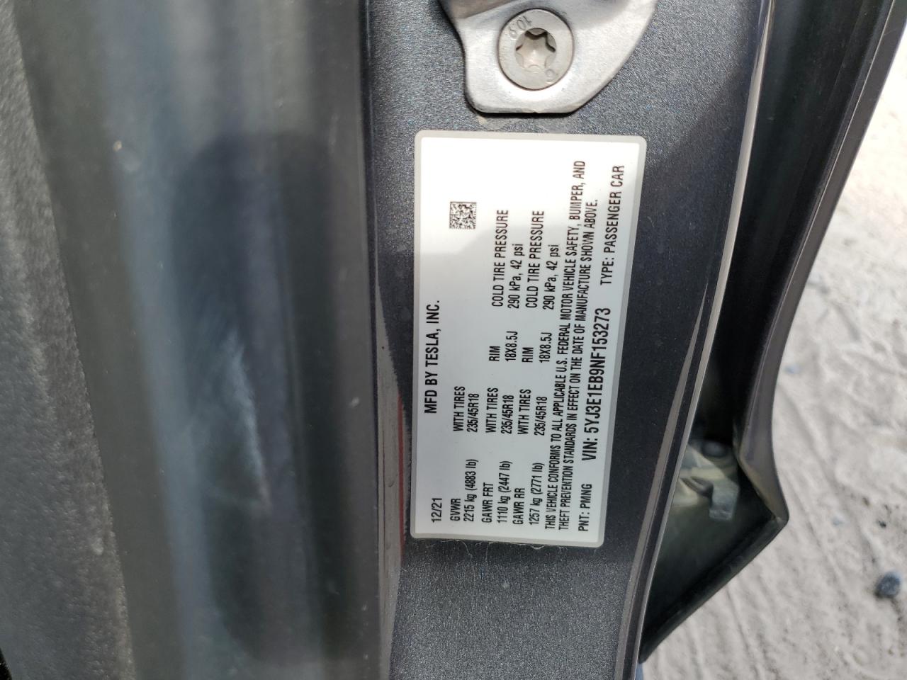2022 TESLA MODEL 3 VIN:5YJ3E1EB9NF153273