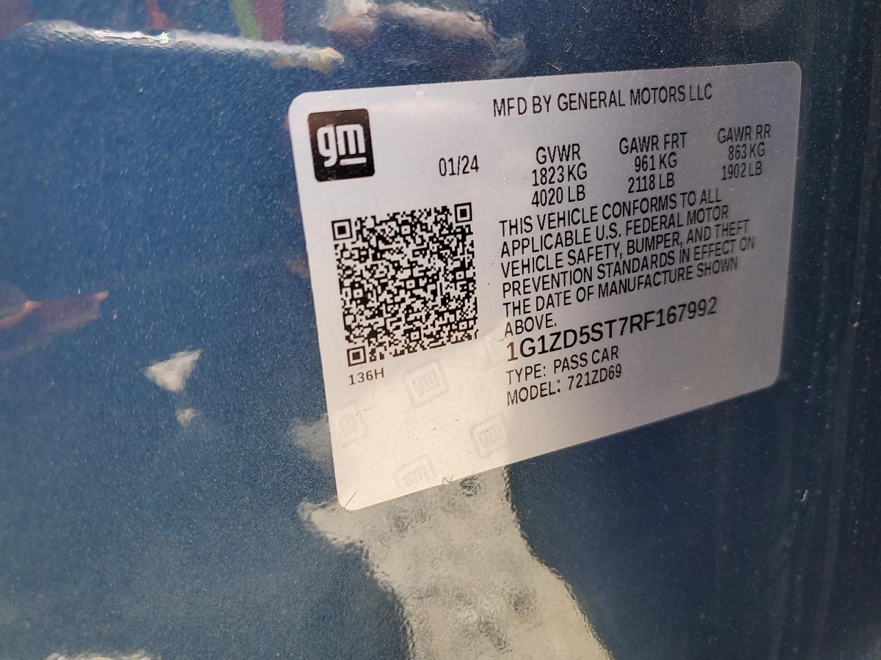 2024 CHEVROLET MALIBU LT VIN:1G1ZD5ST7RF167992