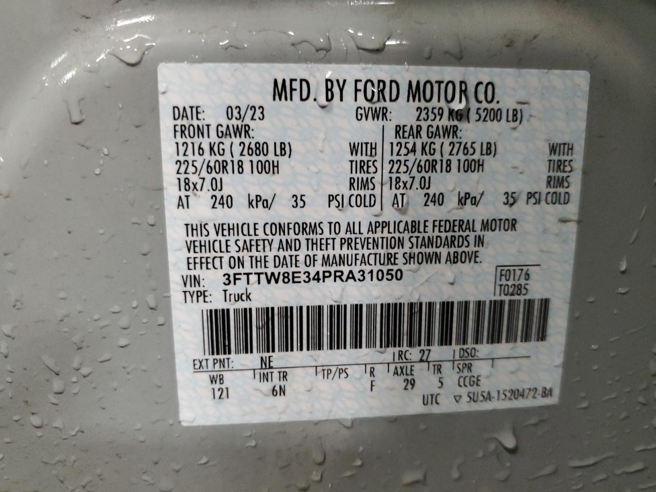 2023 FORD MAVERICK XL VIN:3FTTW8E34PRA31050