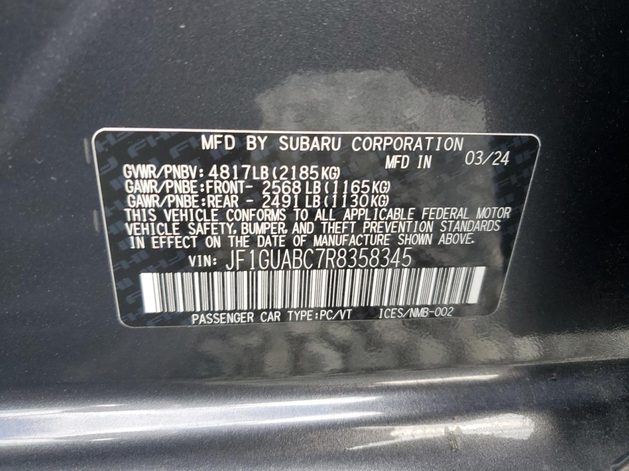 2024 SUBARU IMPREZA VIN:JF1GUABC7R8358345