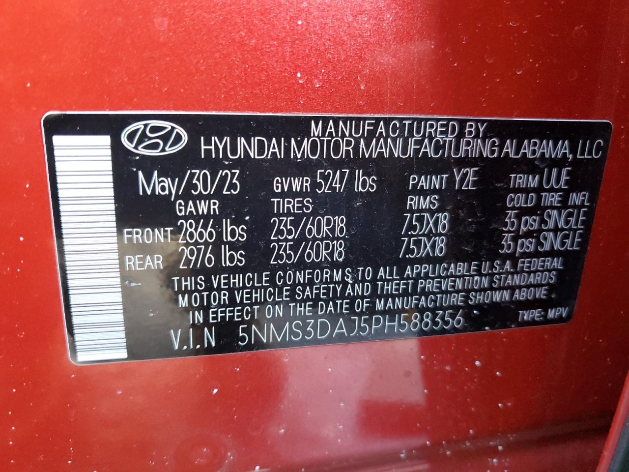 2023 HYUNDAI SANTA FE SEL PREMIUM VIN:5NMS3DAJ5PH588356