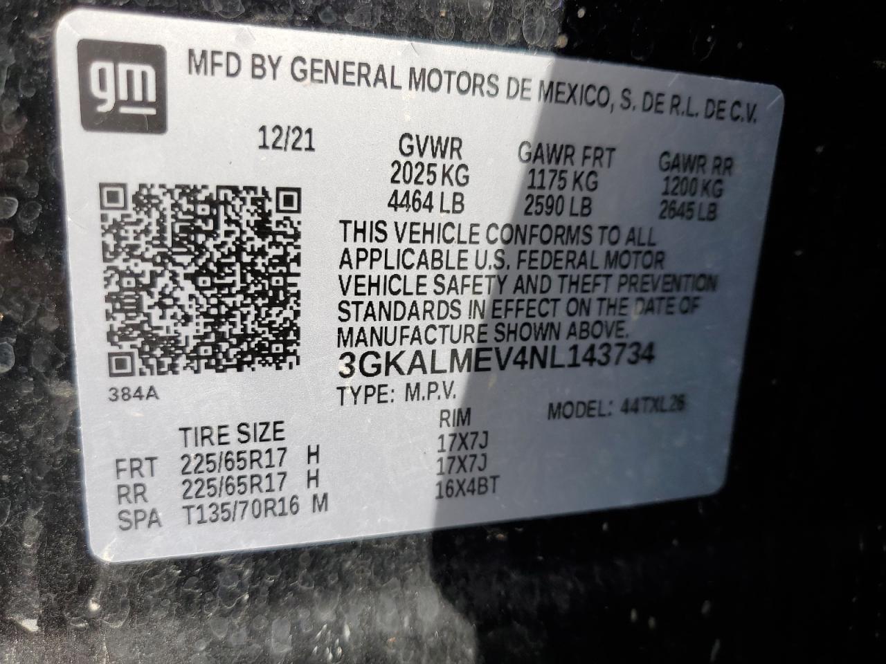 2022 GMC TERRAIN SLE VIN:3GKALMEV4NL143734
