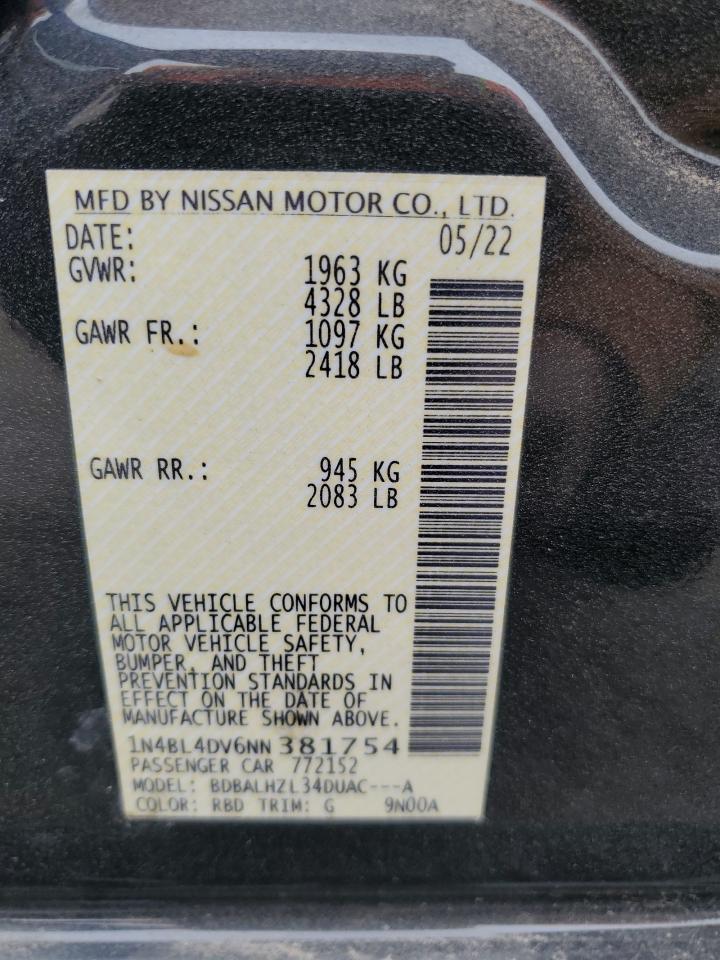 2022 NISSAN ALTIMA SV VIN:1N4BL4DV6NN381754