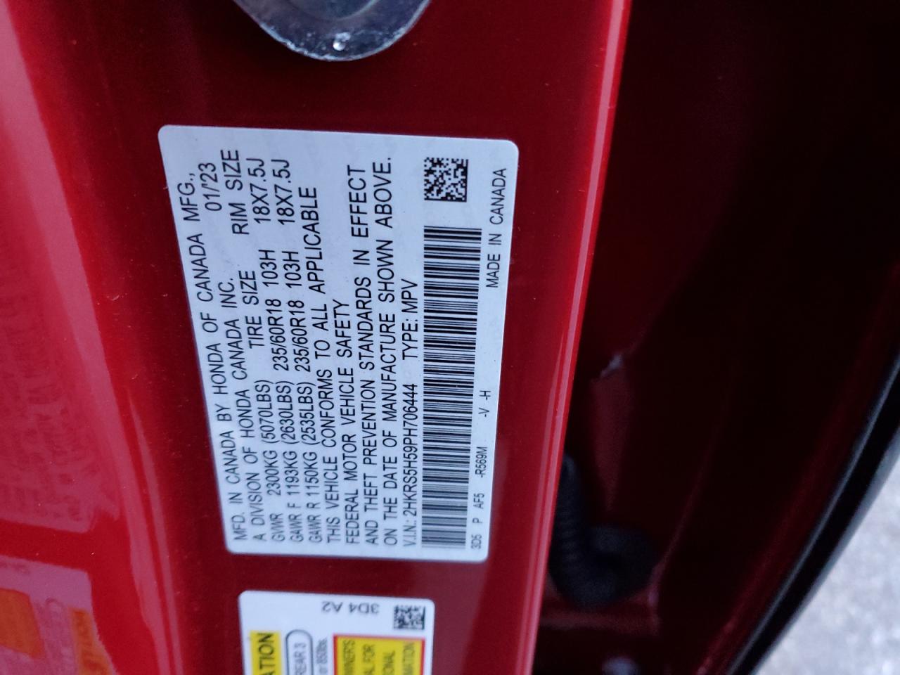 2023 HONDA CR-V SPORT VIN:2HKRS5H59PH706444