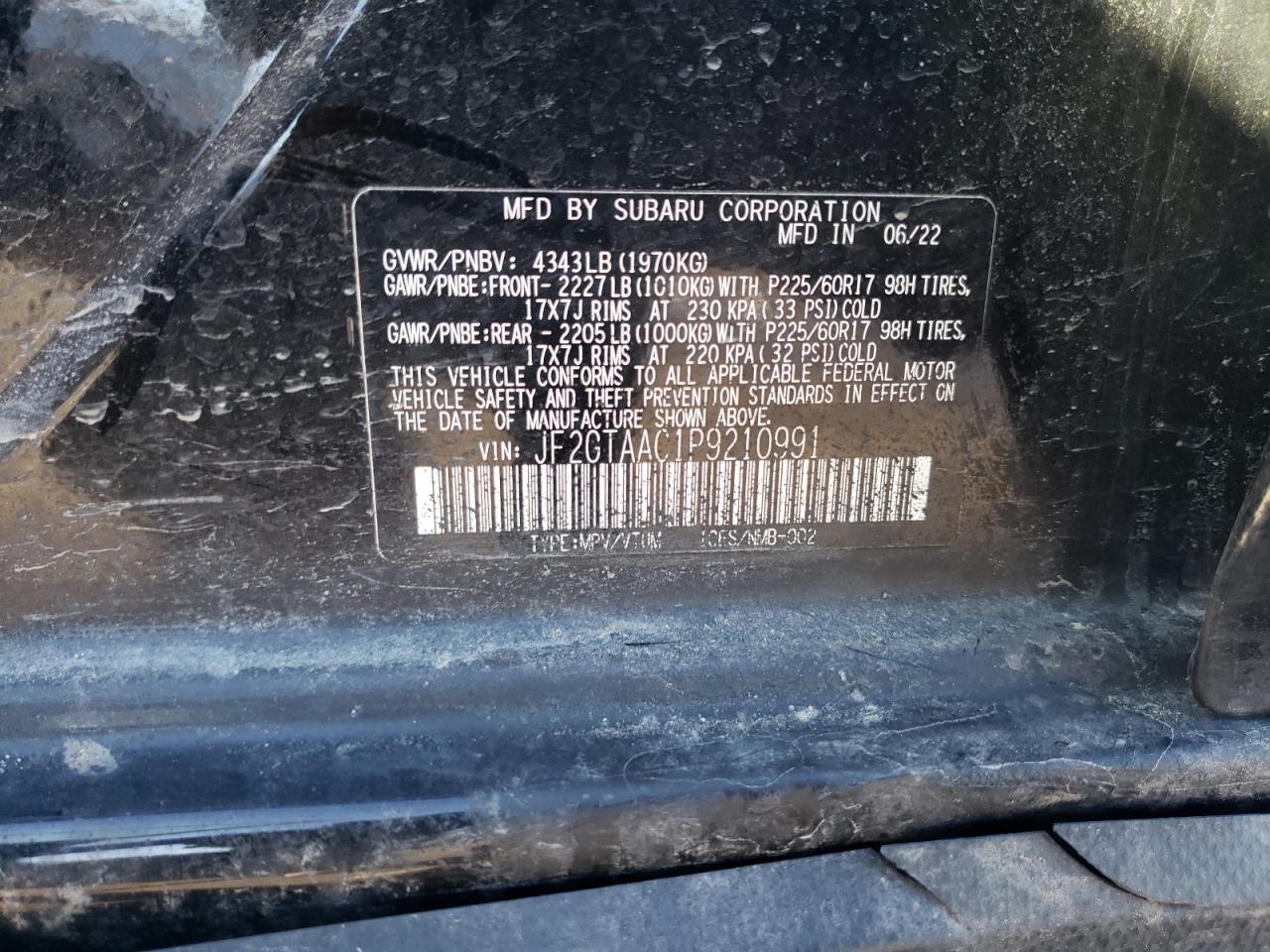 2023 SUBARU CROSSTREK VIN:JF2GTAAC1P9210991