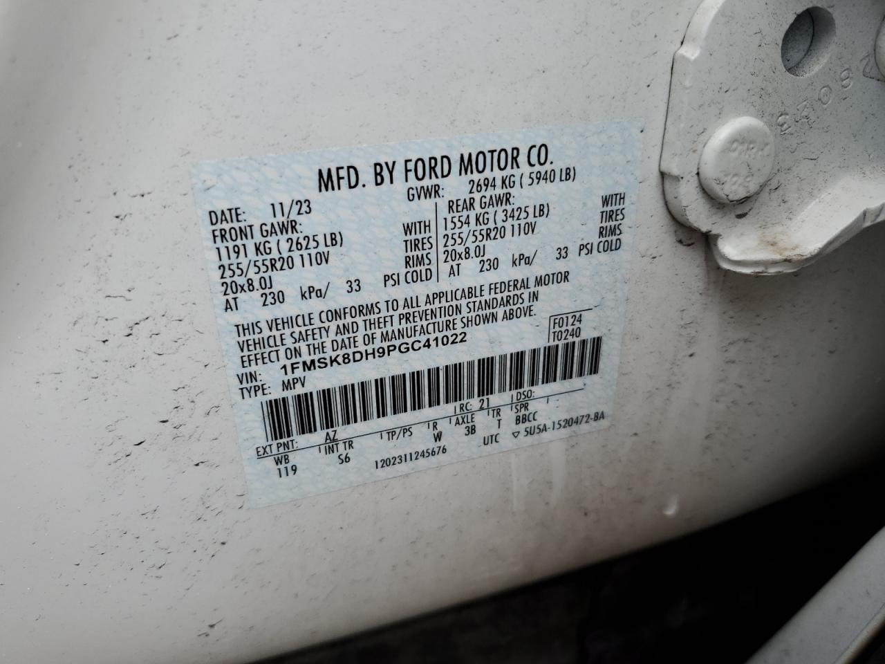 2023 FORD EXPLORER XLT VIN:1FMSK8DH9PGC41022