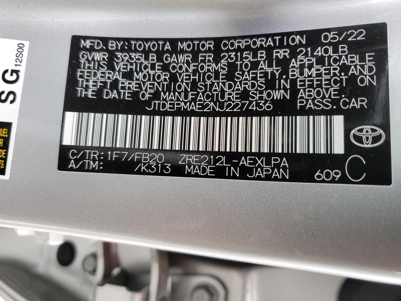 2022 TOYOTA COROLLA LE VIN:JTDEPMAE2NJ227436