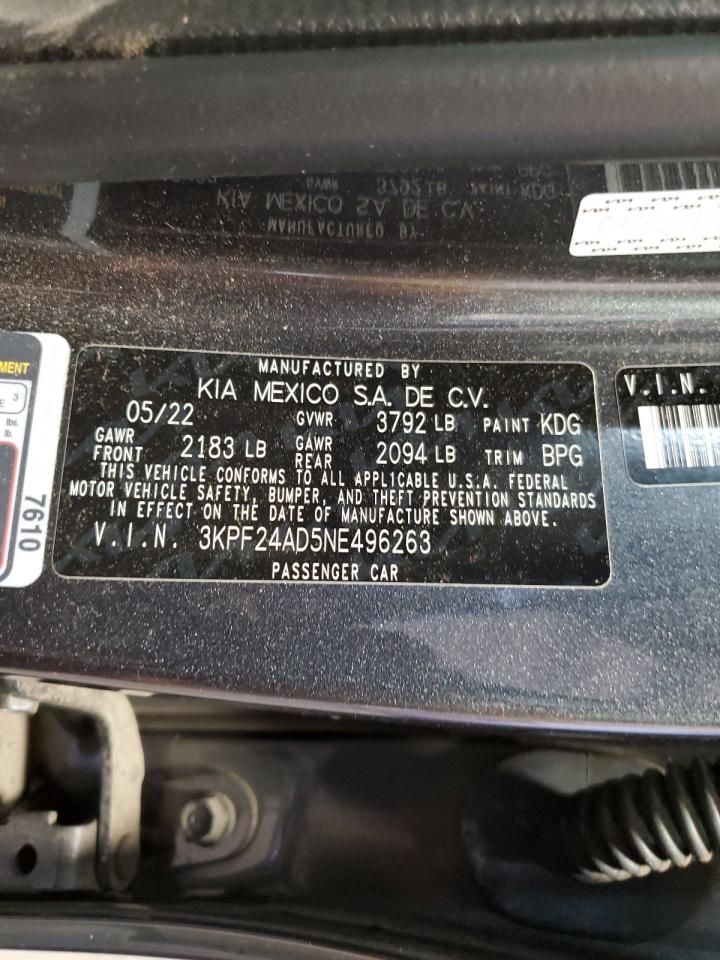 2022 KIA FORTE FE VIN:3KPF24AD5NE496263
