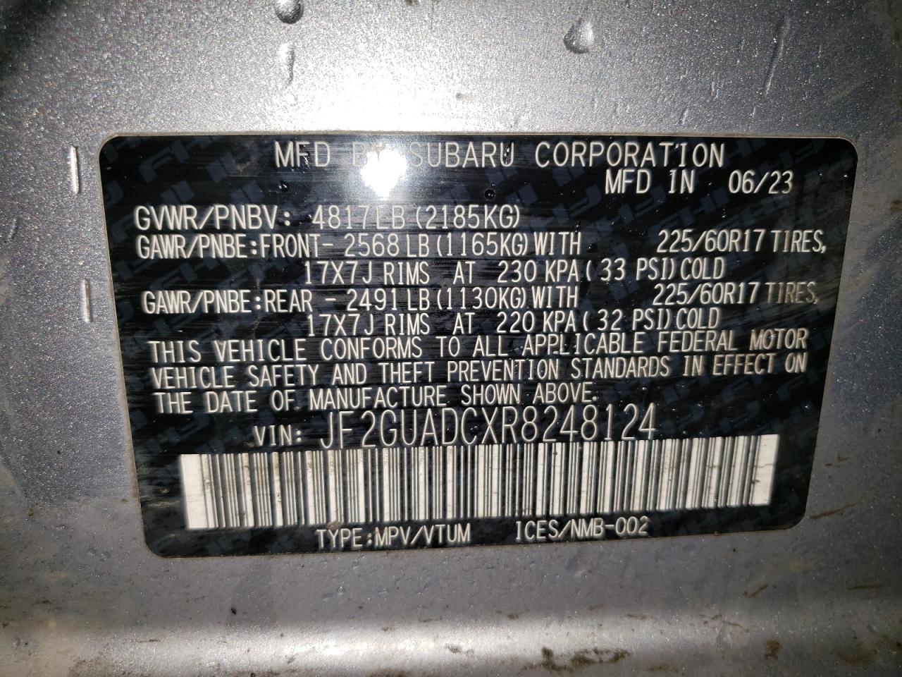 2024 SUBARU CROSSTREK PREMIUM VIN:JF2GUADCXR8248124