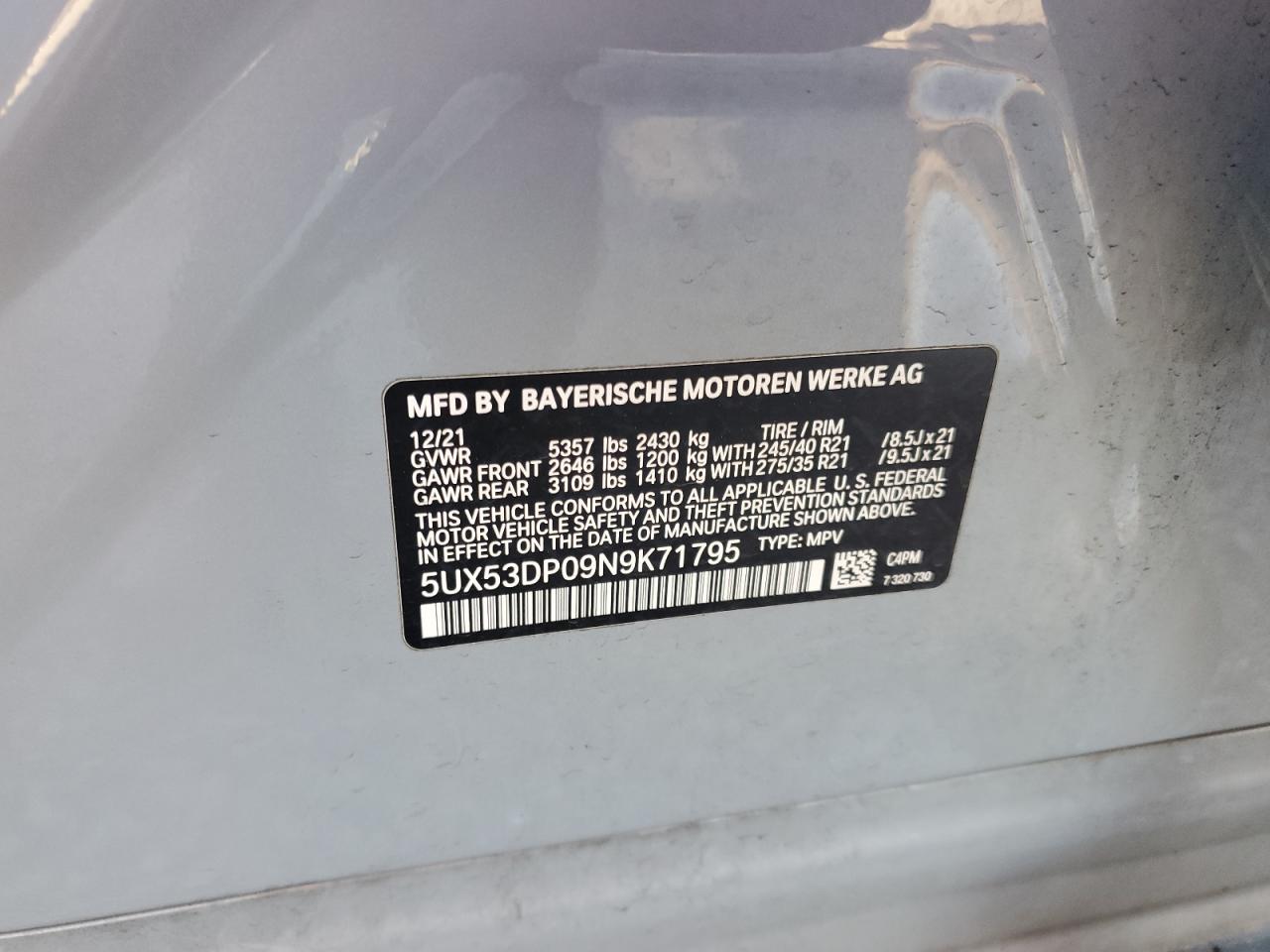 2022 BMW X3 XDRIVE30I VIN:5UX53DP09N9K71795