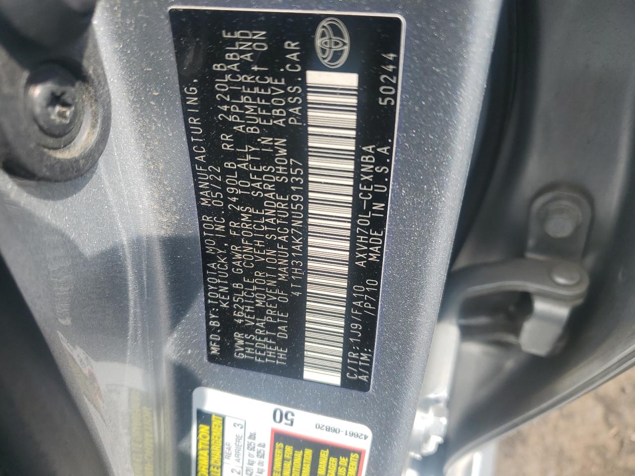 2022 TOYOTA CAMRY LE VIN:4T1H31AK7NU591357
