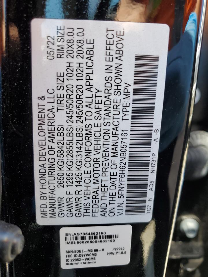 2022 HONDA PILOT TOURING VIN:5FNYF6H62NB057161