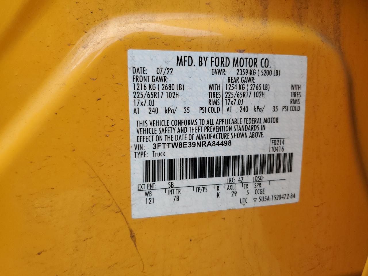 2022 FORD MAVERICK XL VIN:3FTTW8E39NRA84498