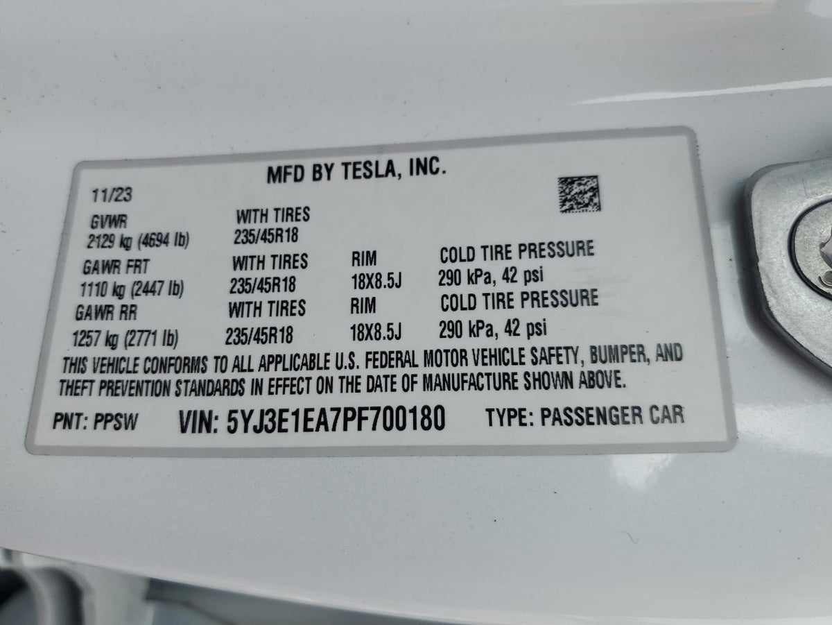 2023 TESLA MODEL 3 VIN:5YJ3E1EA7PF700180