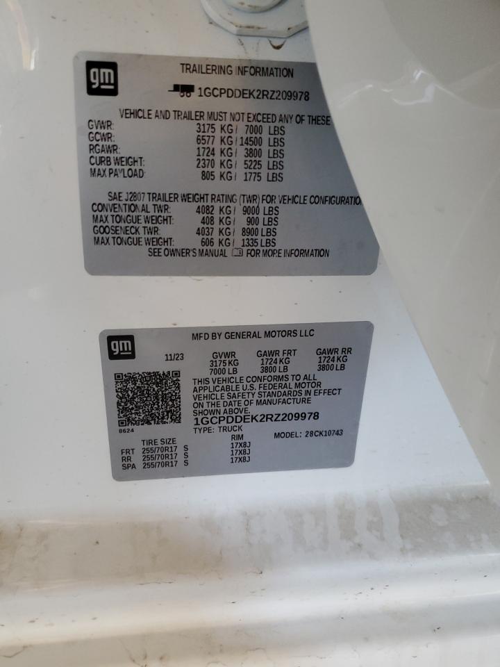 2024 CHEVROLET SILVERADO K1500 LT VIN:1GCPDDEK2RZ209978