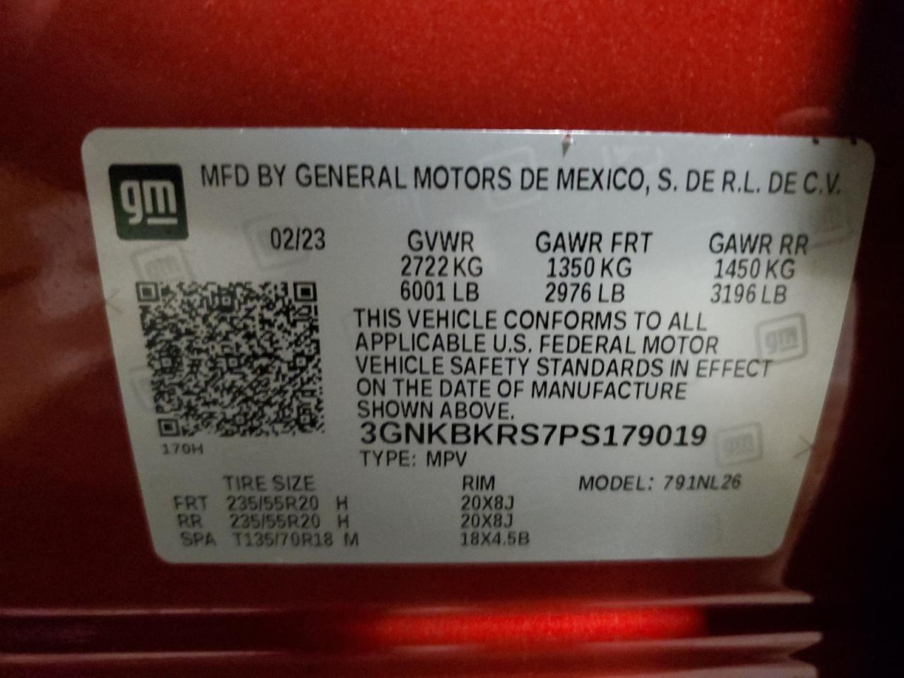 2023 CHEVROLET BLAZER RS VIN:3GNKBKRS7PS179019