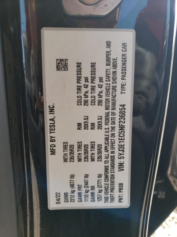 2022 TESLA MODEL 3 VIN:5YJ3E1EC5NF236854