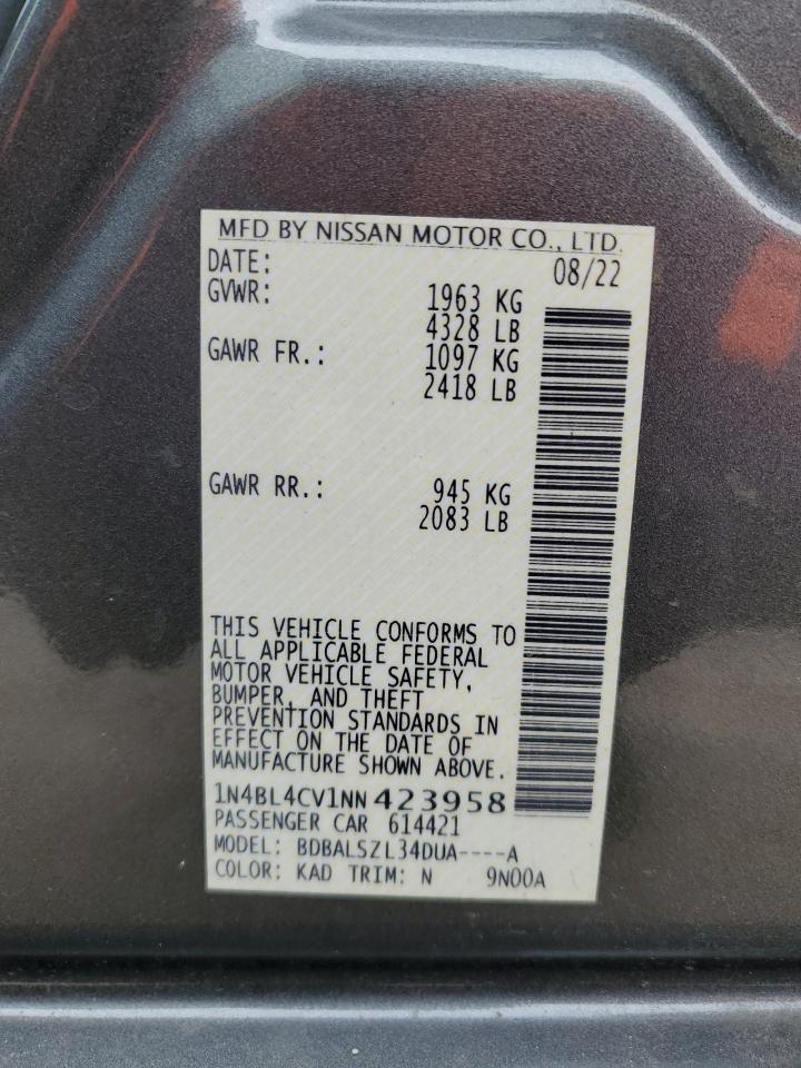 2022 NISSAN ALTIMA SR VIN:1N4BL4CV1NN423958
