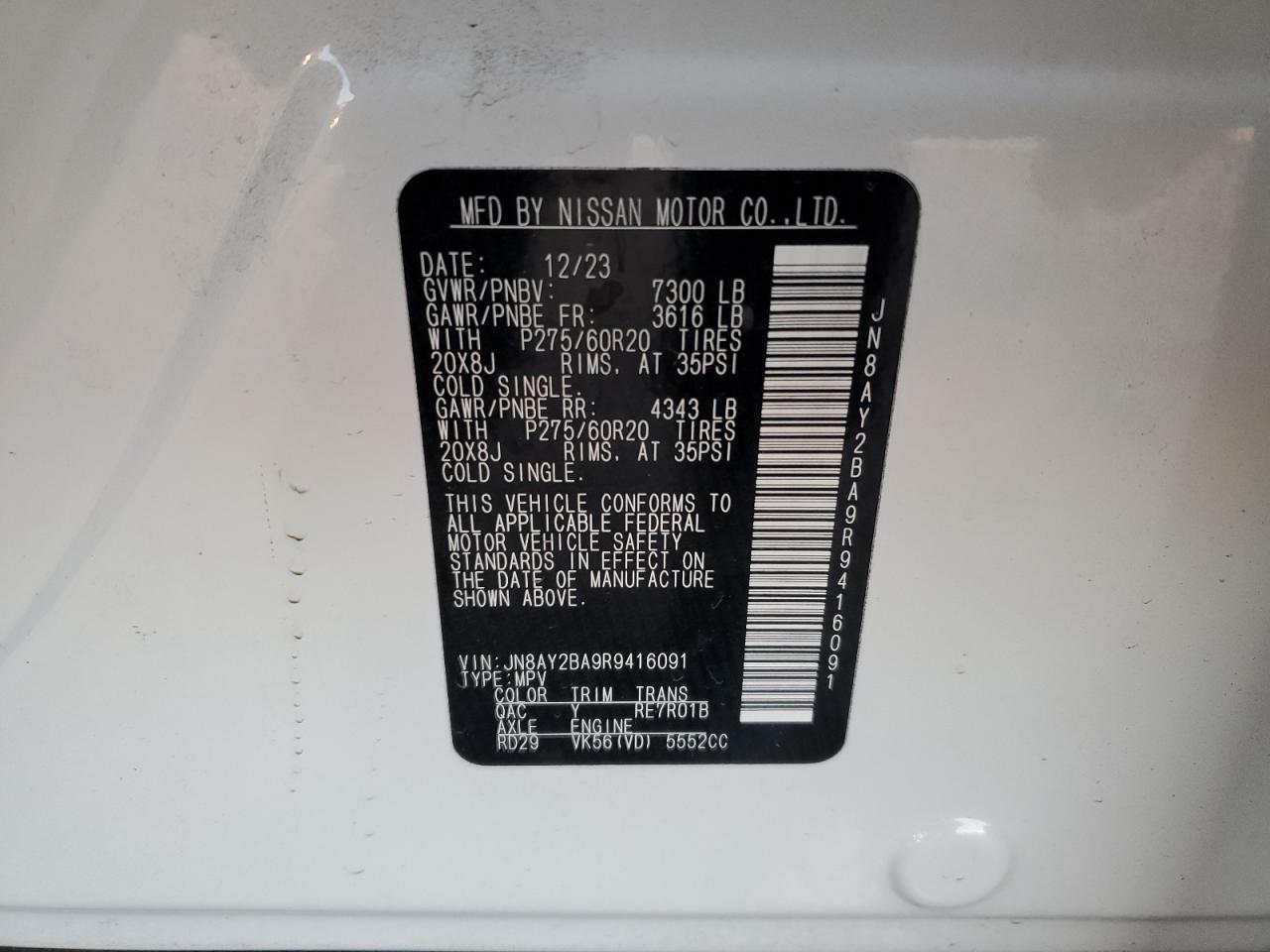 2024 NISSAN ARMADA SL VIN:JN8AY2BA9R9416091