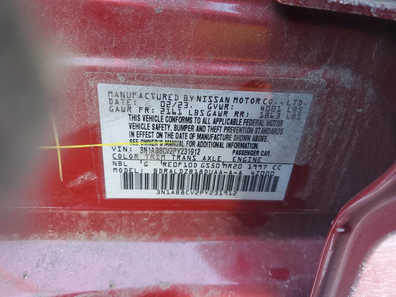 2023 NISSAN SENTRA SV VIN:3N1AB8CV2PY231912