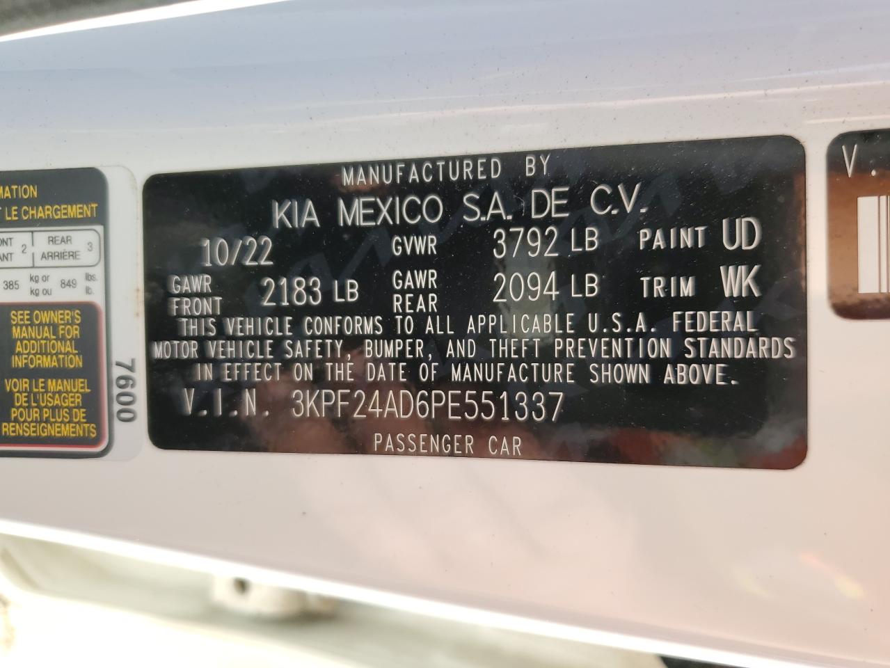 2023 KIA FORTE LX VIN:3KPF24AD6PE551337